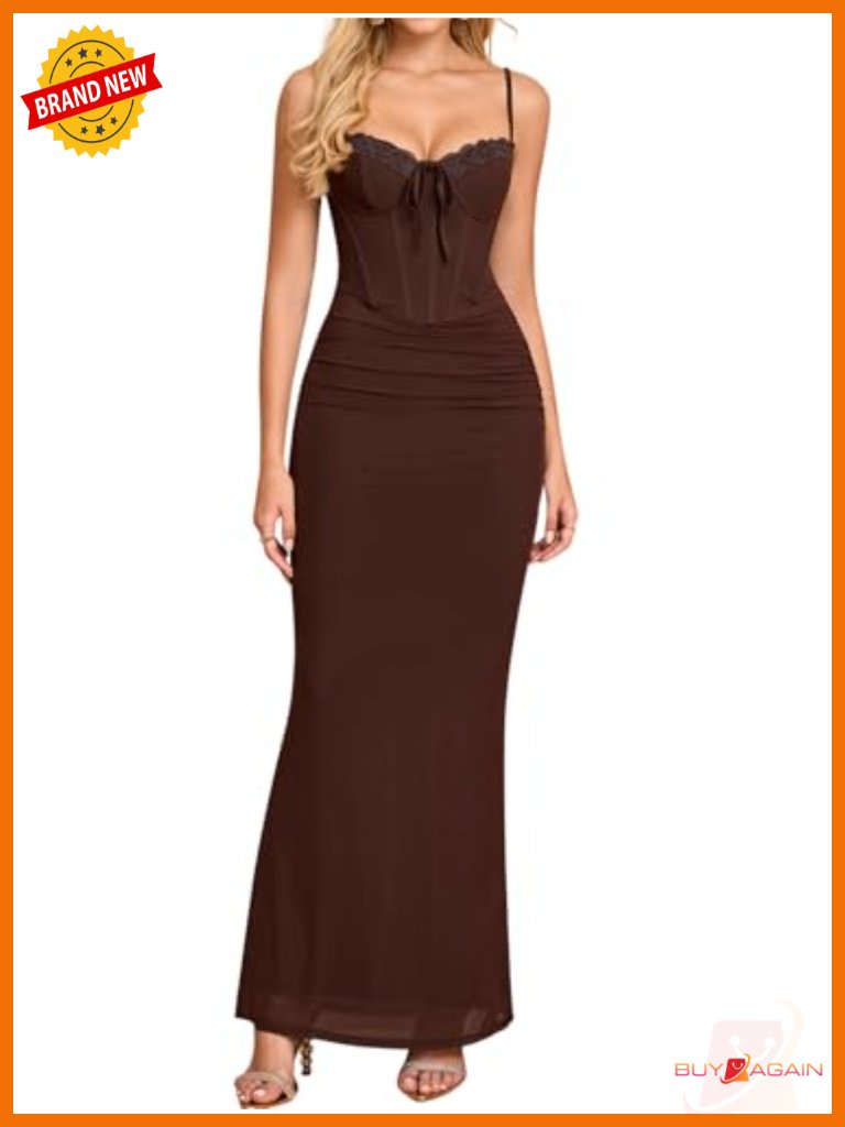 Vintage Lace Corset Maxi Dress Bodycon Ruched Formal Wedding Guest